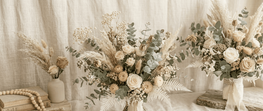 Bouquets with cream roses, dried flowers, pampas grass, eucalyptus, and beige foliage